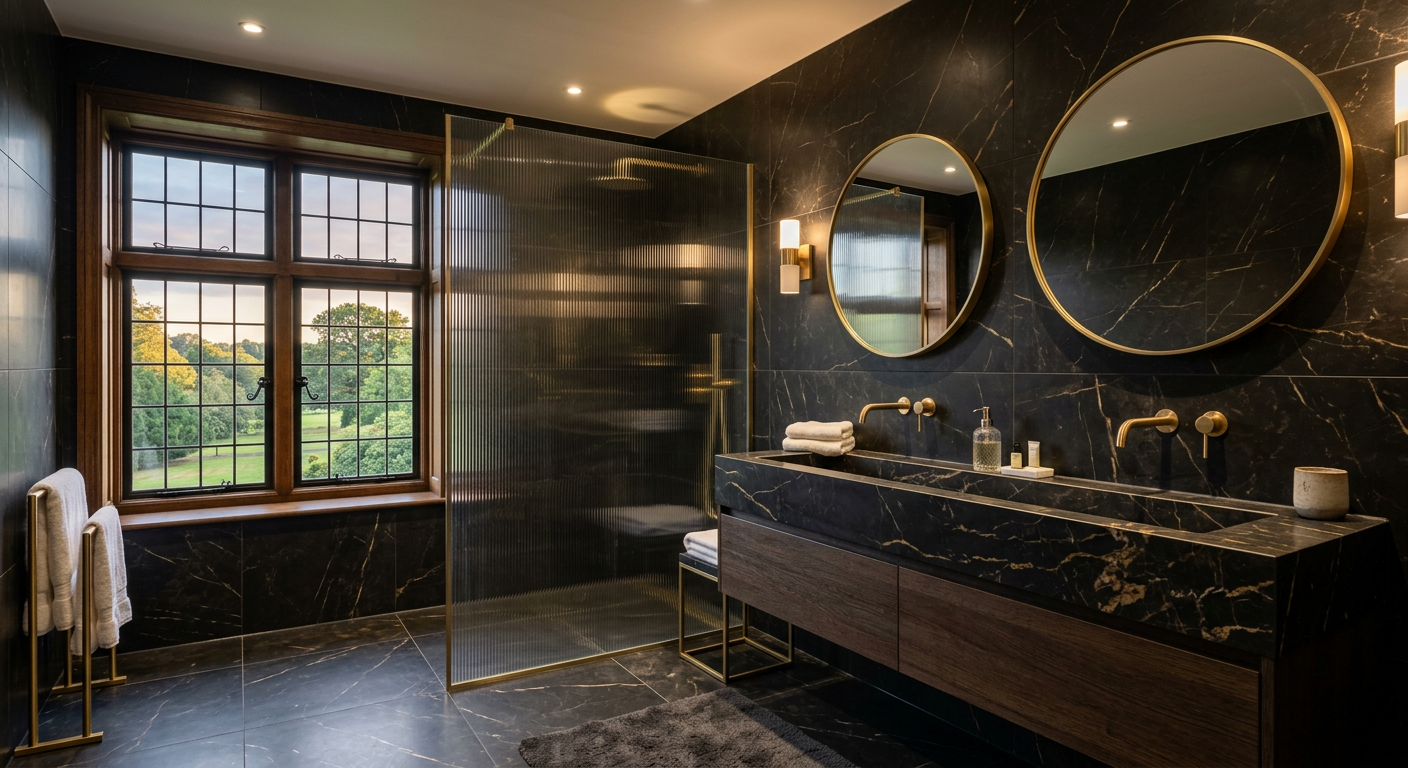 High-end bespoke bathroom in a Cheshire home with a stone-finish porcelain vanity basin