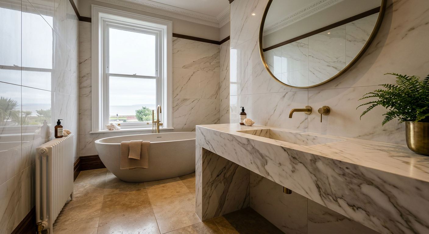 Luxury bespoke bathroom with a marble-effect porcelain basin in a Lytham St Annes home