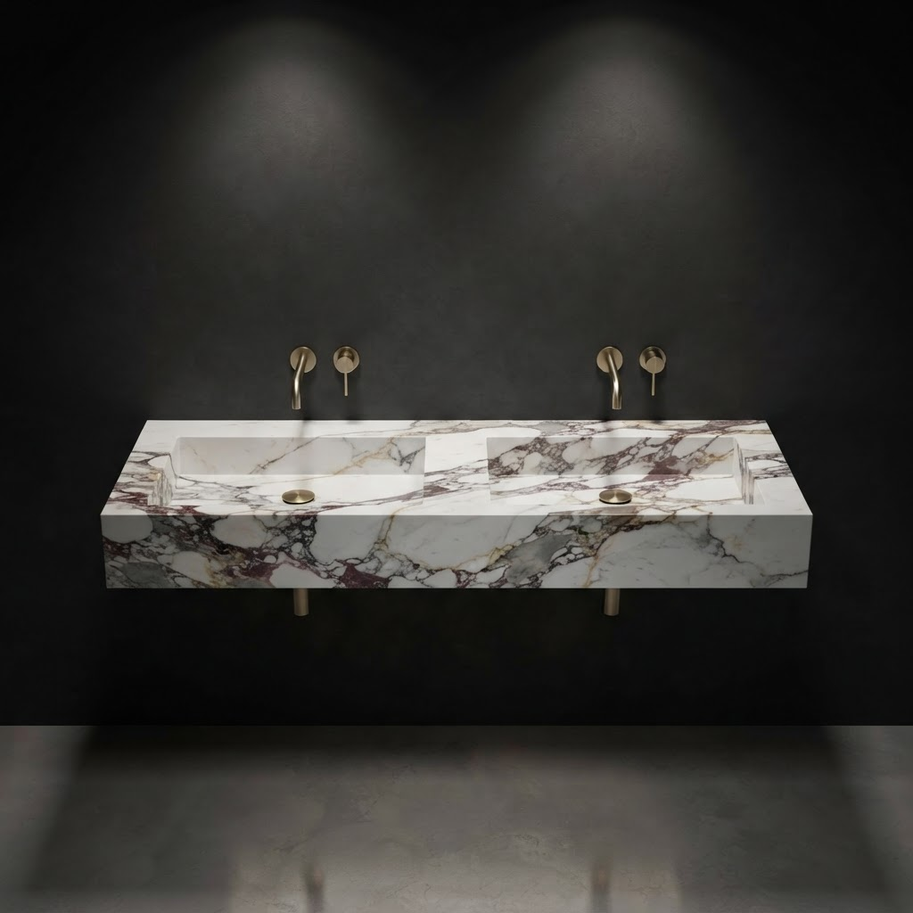 The Gemelli double basin in veined marble, wall hung beneath brushed brass taps