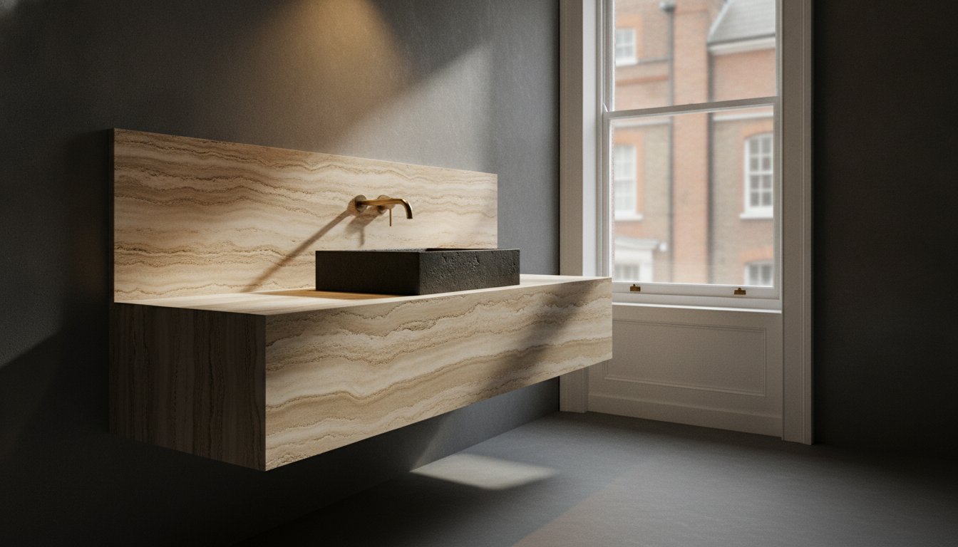 Travertine Vanity with Vessel Basin. A Study in Material and Form.